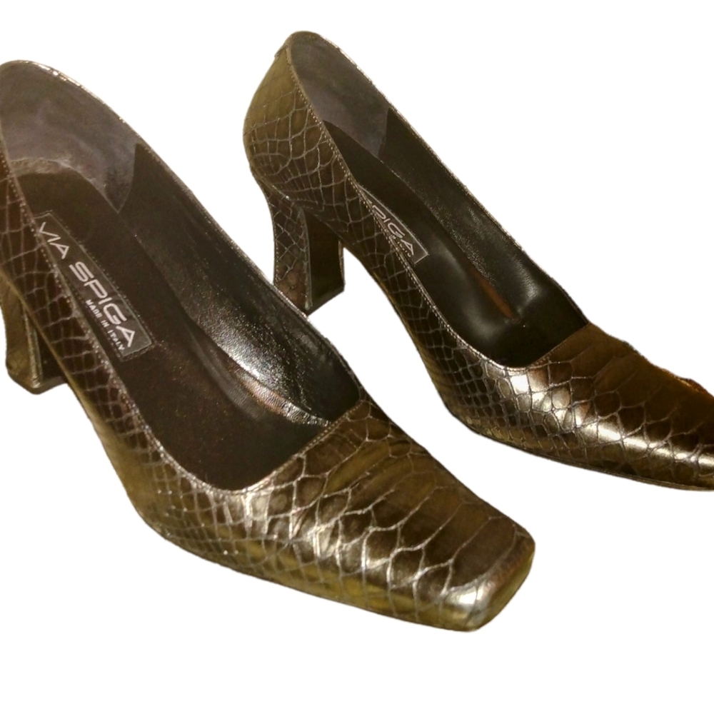 VIA SPIGA Brown Metallic Snakeskin Chunky Heels Size 7 1/2 M
